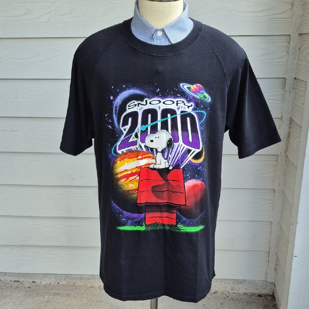 SNOOPY 2000 Peanuts Black Purple Space Planets USA Mens T Shirt XL‎ VTG Y2K